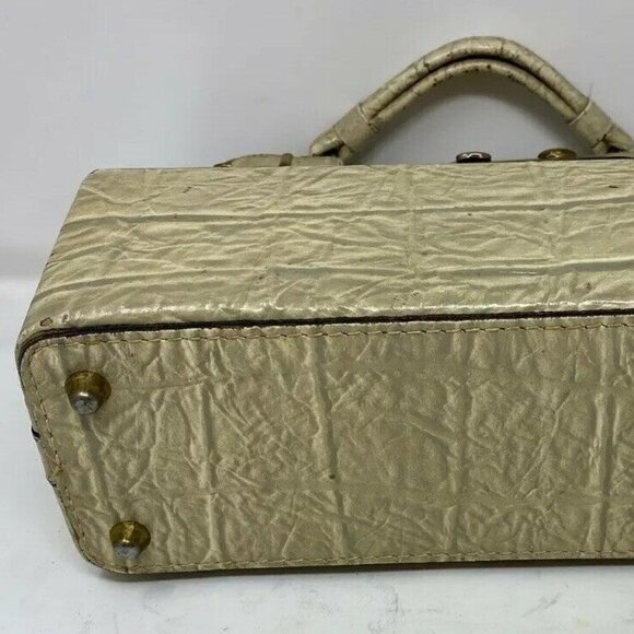 Vintage Gray Beige Croc Embossed Leather Hand Bag - Picture 5 of 8